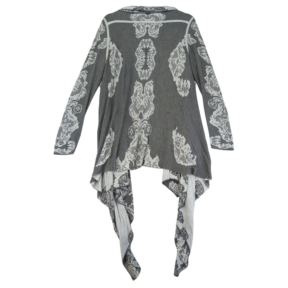Neiman Marcus Gray Lace Print Waterfall Cardigan Sweater Duster Open Front Large - Picture 2 of 11
